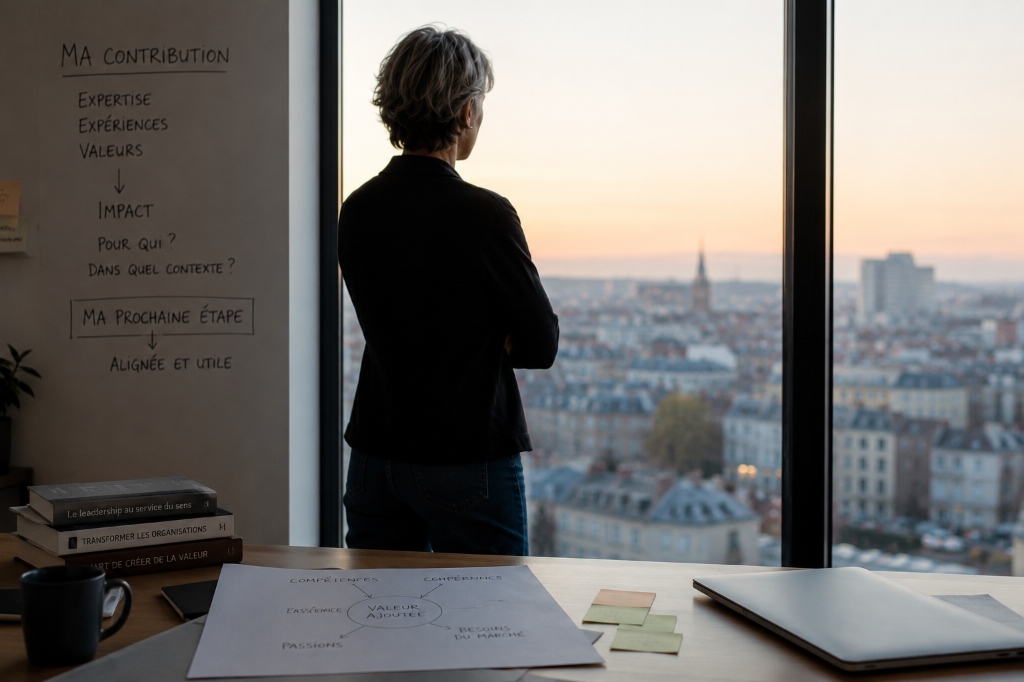 Cadre pensif observant la ville devant son plan de contribution et de valeur ajoutée